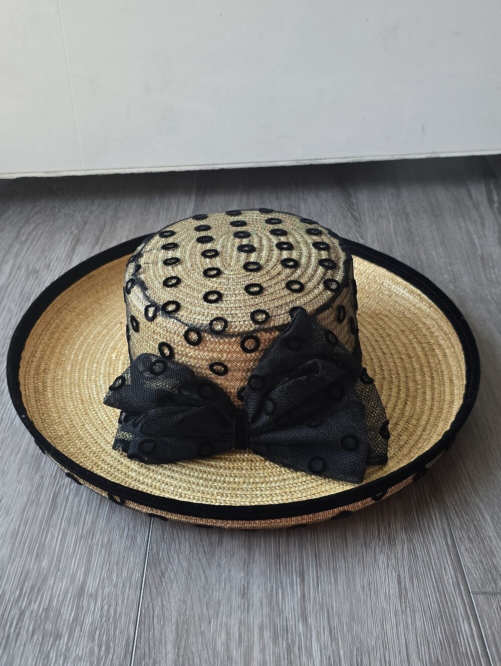 Kokin New York Straw Hat Black Polka Dot Netting Bow Wide Brim Vintage